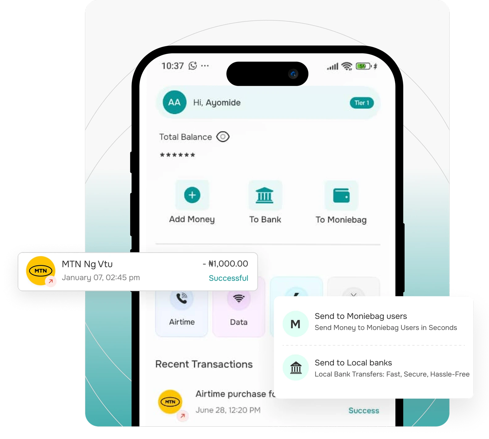 Moniebag mobile app interface